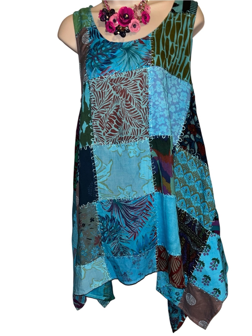 Advance One Size Boho Patchwork Sleeveless Dress in Teal Blue